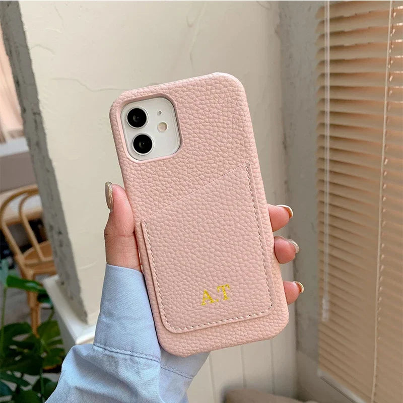 Personalized Phone Case with Card Holder Custom Initials Protective Cover iPhone16Promax 11 12 13 14 15Pro Max XS XR Mini - Caseverse