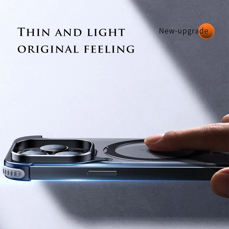 Aluminum Alloy Magnetic Stand Rimless Phone Case For iPhone 13 14 15 Pro Max 15Plus Metal Lens Shell  Frosted Matte Back Cover - Caseverse