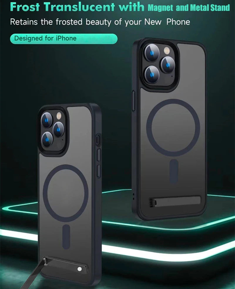 Magnetic Phone Case with Metal Stand for iPhone 16 15 14 13 12 Pro Max Plus Translucent Mobile Cases Military Grade Back Cover