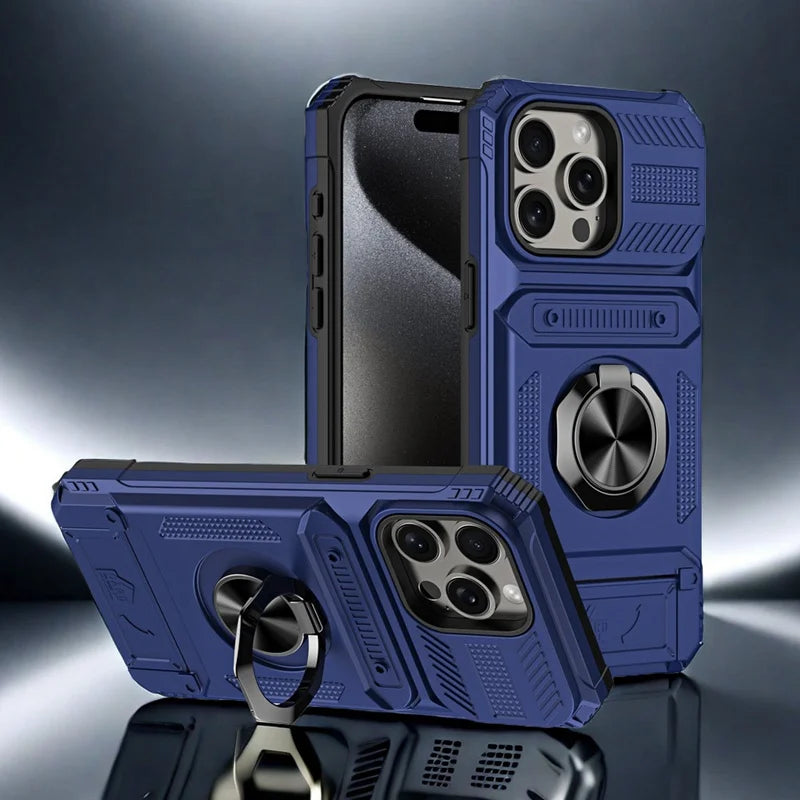 Military level armor card holder ring stand phone case for iPhone 16 15 14 13 Pro Max car phone magnetic shockproof hard cover - Caseverse