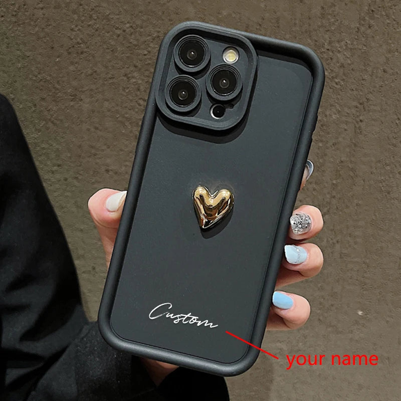 3D Gold Love Heart Personalized Custom Name Case For iPhone 16 15 14 13 12 11 Pro Max X XS XR 7 8 Plus Silicone Candy DIY Cover - Caseverse