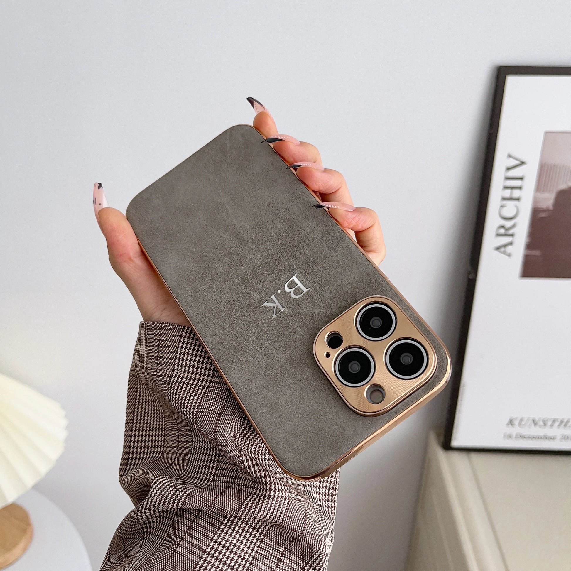 Leather Personalised Customized Name Case For Iphone 11 12 13 14 15 16 Pro Max Plating Frame Lambskin Initials Cover 16 11 15Pro - Caseverse