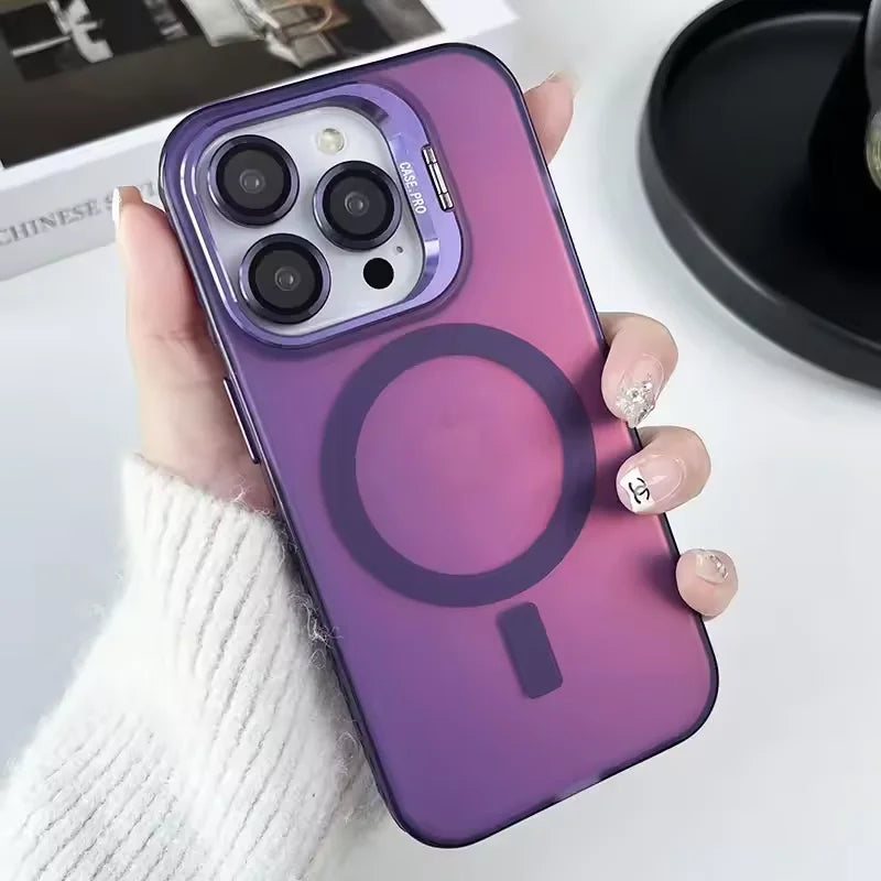 Gradient Metal Lens Holder Magsafe Phone Case for IPhone 16 15 14 Plus 13 12 Pro Max Back Lens Glass Film Matte PC Hard Cover