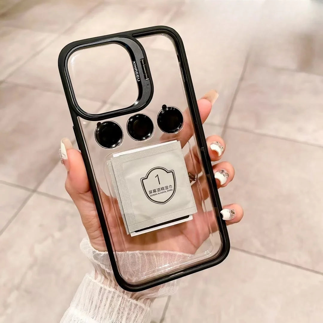 Camera Metal Ring Stand Phone Case For IPhone 15 14 Pro Max 15pro Lens Glass Protection Transparent Phone Cover