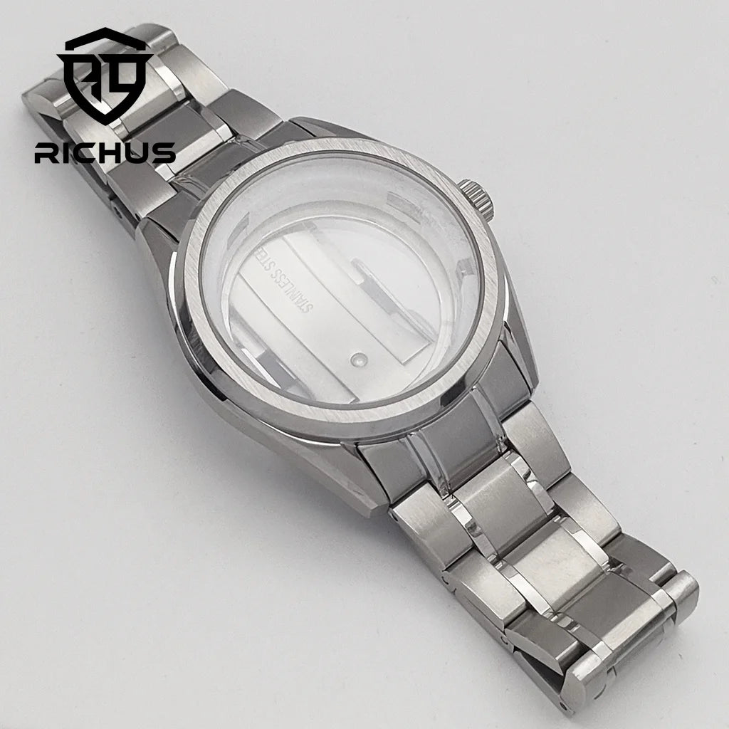 RICHUS NH35 Watch case 40mm silver watch case sapphire glass with strap Fit NH34 NH35 NH36 Movement