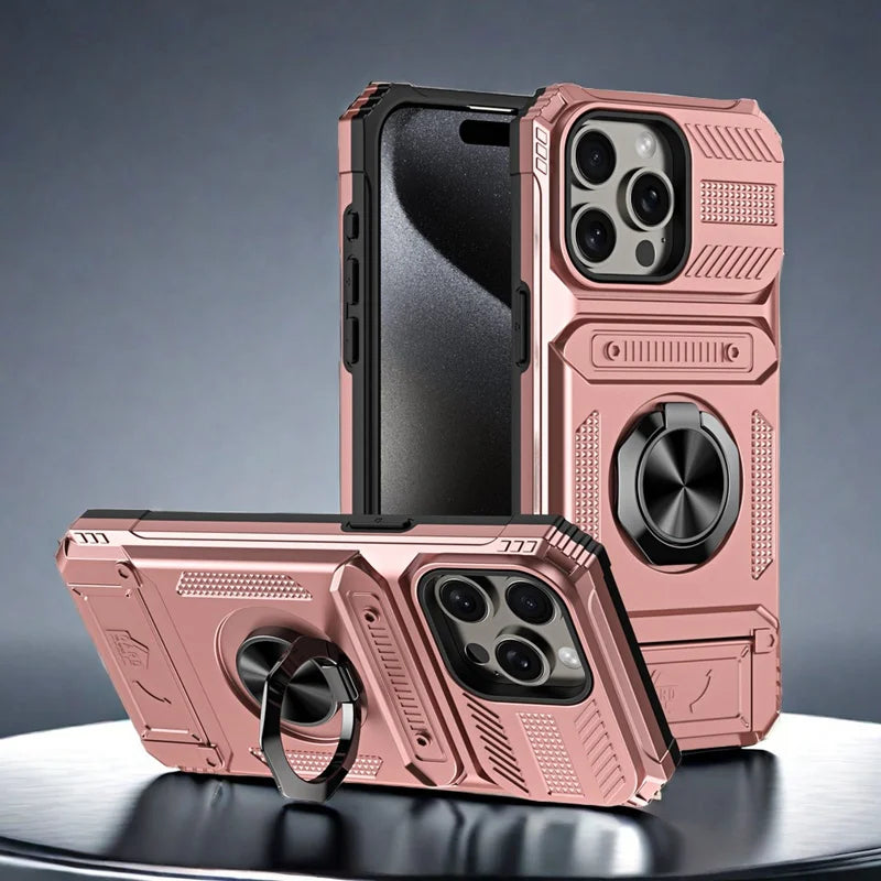 Military level armor card holder ring stand phone case for iPhone 16 15 14 13 Pro Max car phone magnetic shockproof hard cover - Caseverse
