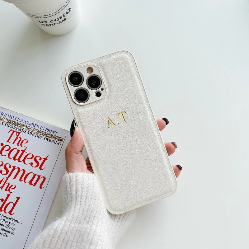Customized Phone Case For iPhone 16 15 14 13 12 11 Pro Max Plus Personalized Name Initials Letters Luxury Leather DIY Cover 16 - Caseverse