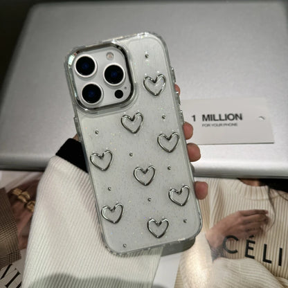Cute Metal Love Heart Epoxy Glitter Phone Case For iPhone 16 15 14 13 12 11 Pro Max Plus Bling Clear Shockproof Soft Cover