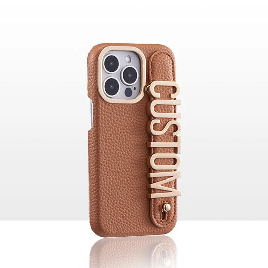 Leather Phone Case Custom Name Wristband Metal Gold Letters Personalized Cover for iPhone16 15 14 13 12 11ProMax 15 16plus