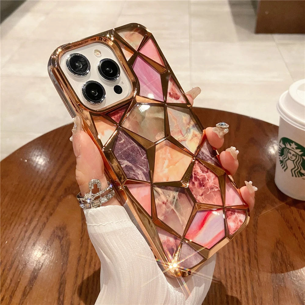 Plating Glitter Diamond Pattern Colorful Marble Phone Case For iPhone 15 13 11 12 14 Pro Max Soft Silicone Transparent Cover