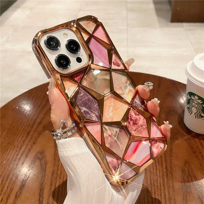 Plating Glitter Diamond Pattern Colorful Marble Phone Case For iPhone 15 13 11 12 14 Pro Max Soft Silicone Transparent Cover