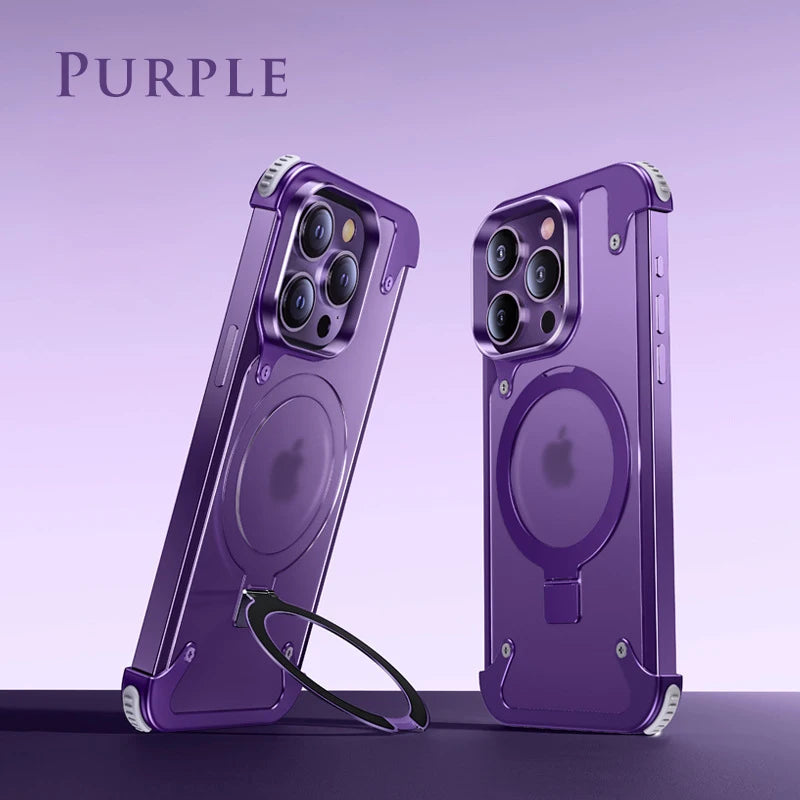 Aluminum Alloy Magnetic Stand Rimless Phone Case For iPhone 13 14 15 Pro Max 15Plus Metal Lens Shell  Frosted Matte Back Cover - Caseverse