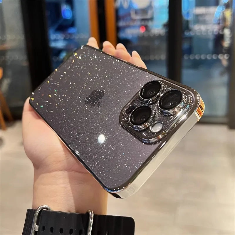 Luxury Electroplated Glitter Phone Case For IPhone 16 15 14 13 12ProMax  Clear Transparent Shockproof Hard Back Protective Cover - Caseverse