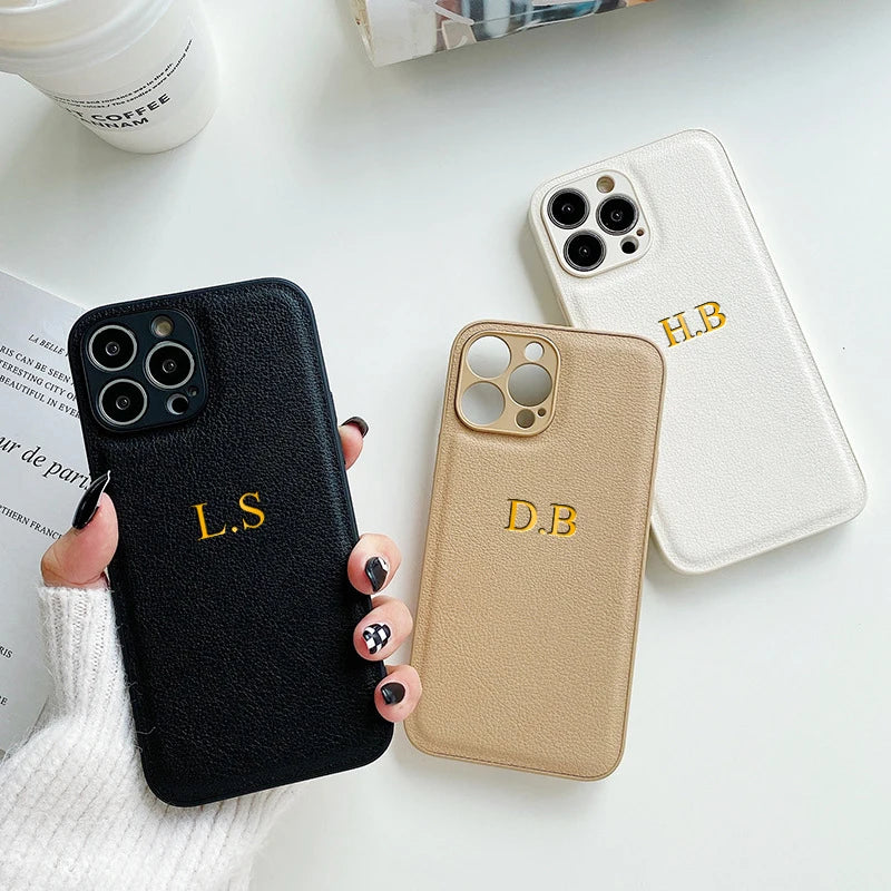 Customized Phone Case For iPhone 16 15 14 13 12 11 Pro Max Plus Personalized Name Initials Letters Luxury Leather DIY Cover 16 - Caseverse