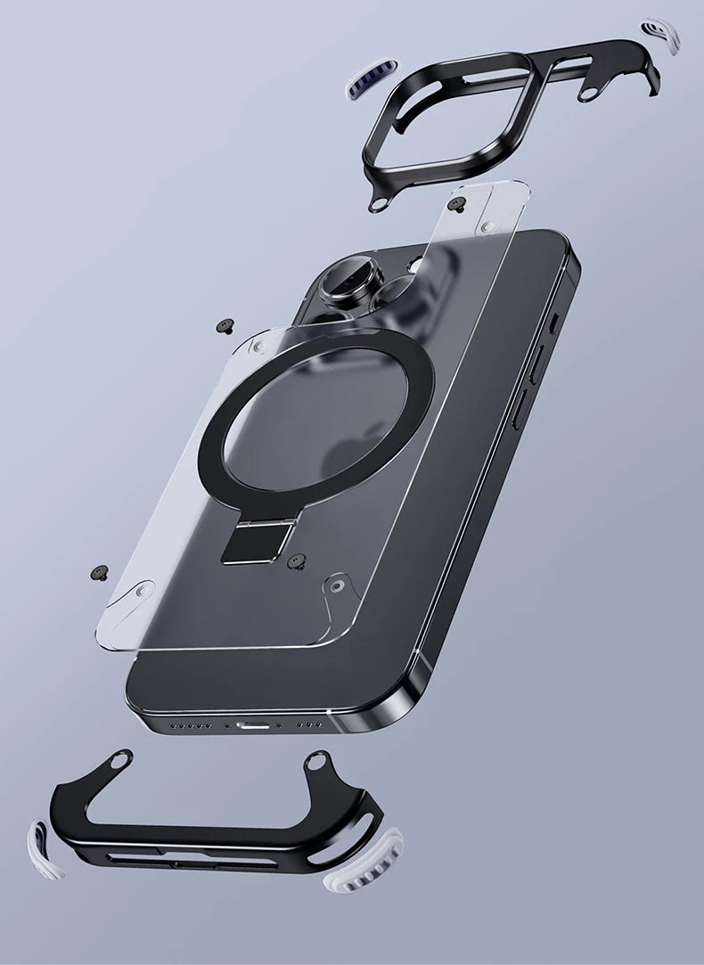 Aluminum Alloy Magnetic Stand Rimless Phone Case For iPhone 13 14 15 Pro Max 15Plus Metal Lens Shell  Frosted Matte Back Cover - Caseverse