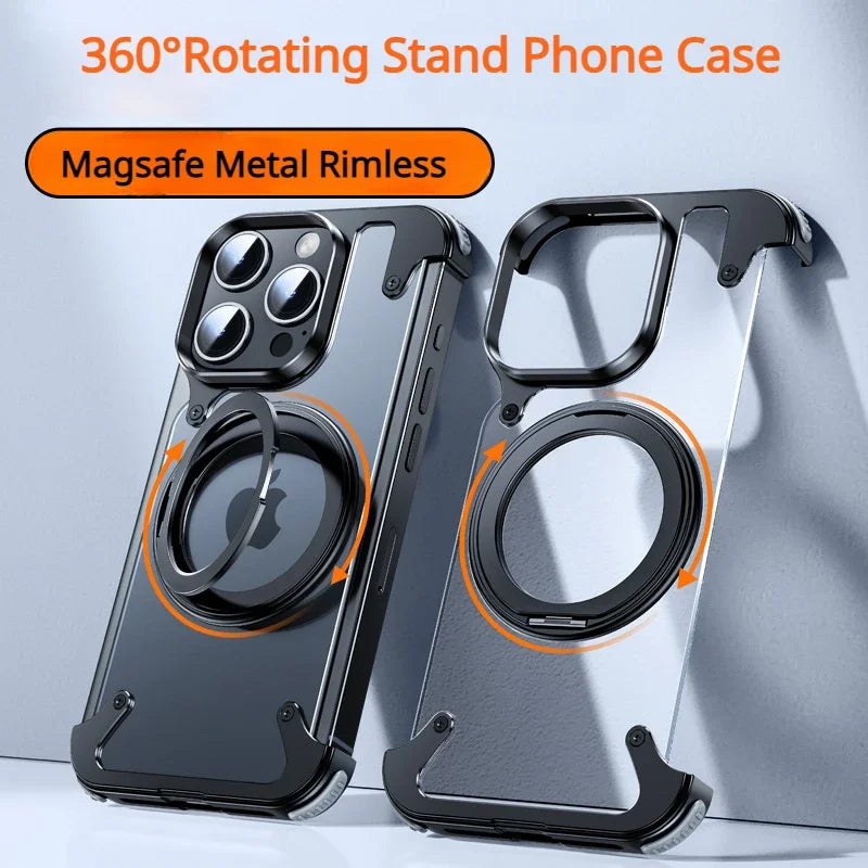 For iPhone 15 Pro Max Case Aluminum Alloy Metal Magnetic Magsafe 360° Rotate Stand Rimless car Phone holder matte leather Cover