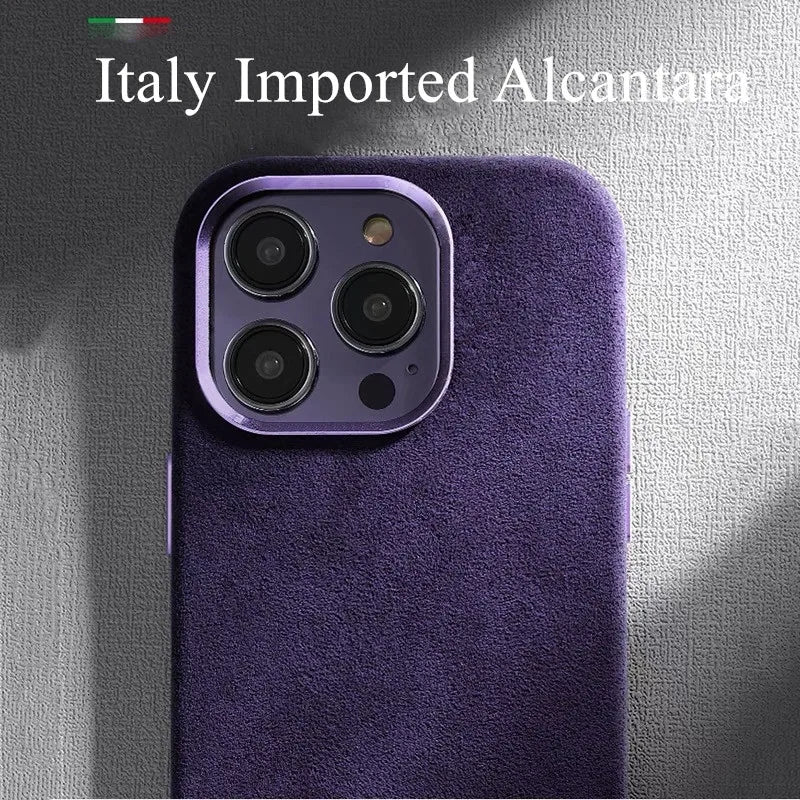 Alcantara Metal Lens Protection Phone Case for iPhone 12 13 14 15 16 Pro Max Magnetic Attraction High-end Imported Suede Cover