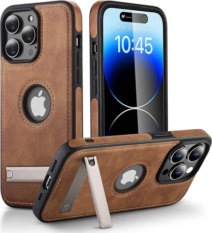 Leather Phone Case for iPhone 15 14 Pro Max Plus 13 12 11 Mobile Cases with Slim Metal Kickstand Soft Grip Luxury Back Cover