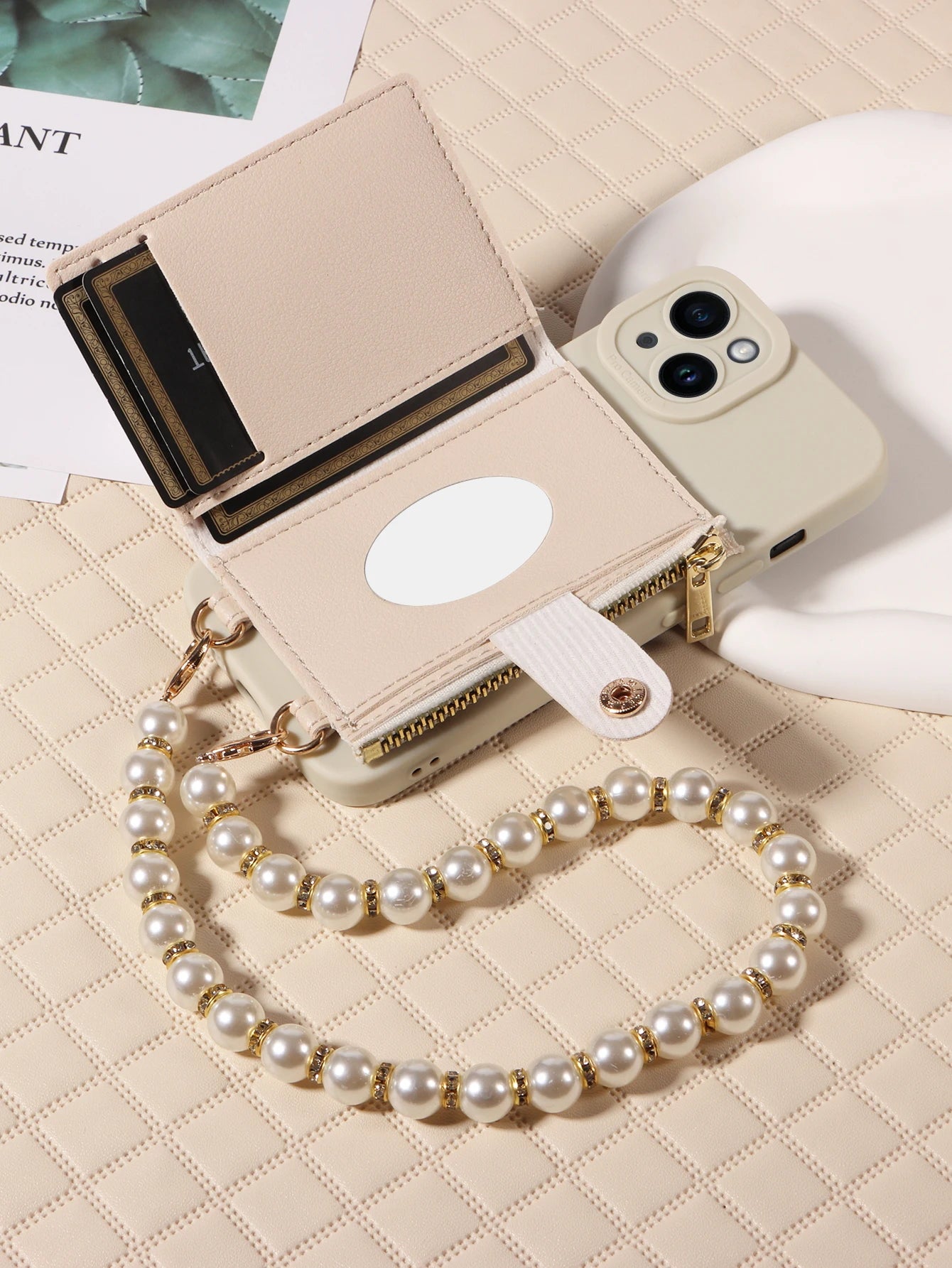Stylish Mirror Zipper and Pearl Cord Phone Case for IPhone13promax 12mini 11promax 7 Crossbody Fall-proof Faux Leather Cover