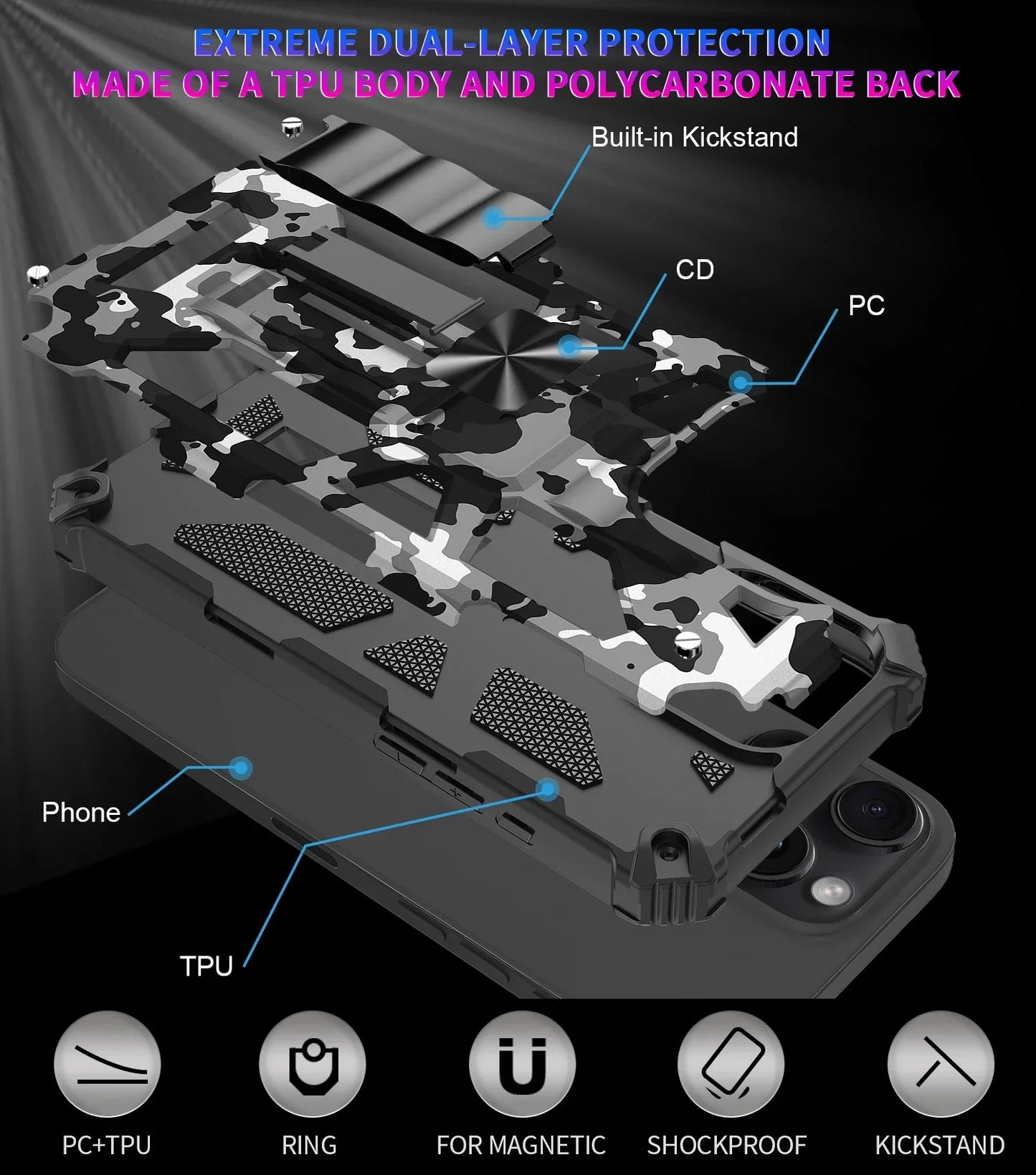 Military Camouflage Armor Shockproof Case For iPhone 11 12 13 14 15 16 Pro Max Xs XR SE 2020 2022 8 7 Plus Kickstand Phone Cover - Caseverse