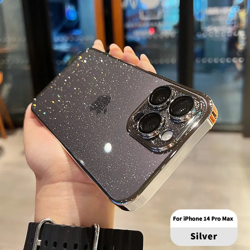 Luxury Electroplated Glitter Phone Case For IPhone 16 15 14 13 12ProMax  Clear Transparent Shockproof Hard Back Protective Cover - Caseverse