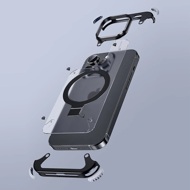 Aluminum Alloy Magnetic Stand Rimless Phone Case For iPhone 13 14 15 Pro Max 15Plus Metal Lens Shell  Frosted Matte Back Cover - Caseverse