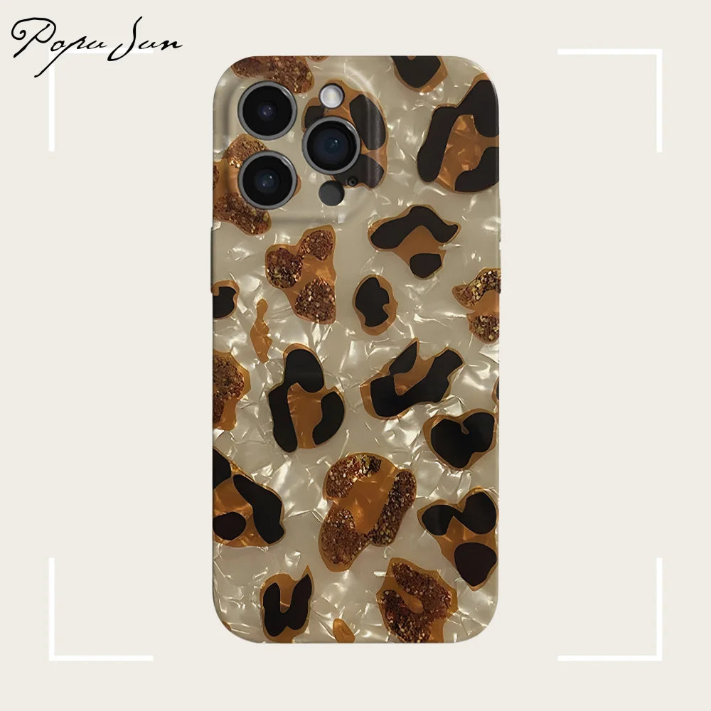 Vintage Glitter Leopard Print Phone Case For IPhone 16 15 13 12 11 Pro Max 14 Plus Dream Shell Leopard Marble Texture Hard Cover