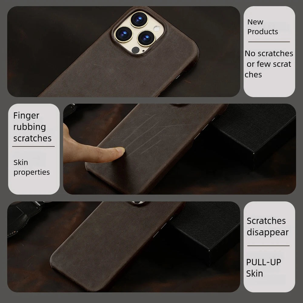 Retro Cowhide Phone Case for iPhone 16 15 13 14 Pro Max 16Pro 14Pro 15Pro Luxury Crazy Horse Genuine PULL-UP Leather Back Cover