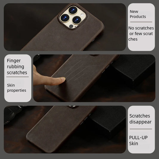 Retro Cowhide Phone Case for iPhone 16 15 13 14 Pro Max 16Pro 14Pro 15Pro Luxury Crazy Horse Genuine PULL-UP Leather Back Cover