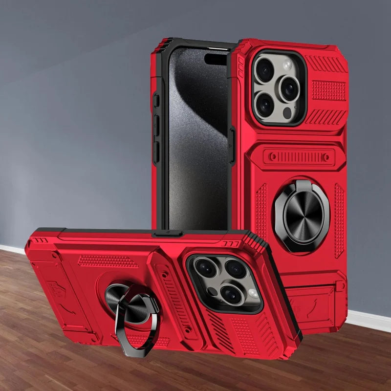 Military level armor card holder ring stand phone case for iPhone 16 15 14 13 Pro Max car phone magnetic shockproof hard cover - Caseverse