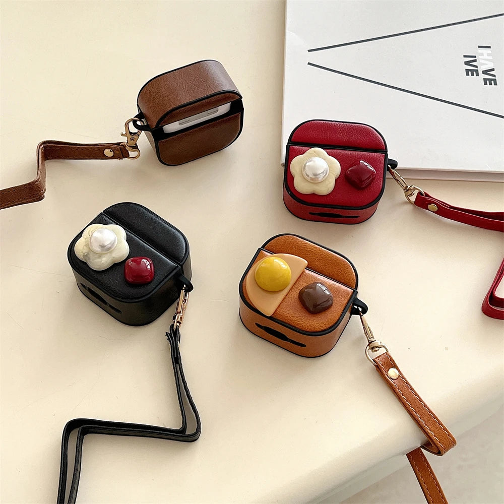 Retro PU Leather Flower Diamond Earpods Case for Apple Airpods 3 Pro2 Gemstone Wrist Strap Wireless Earphone Cover for Airpods 4
