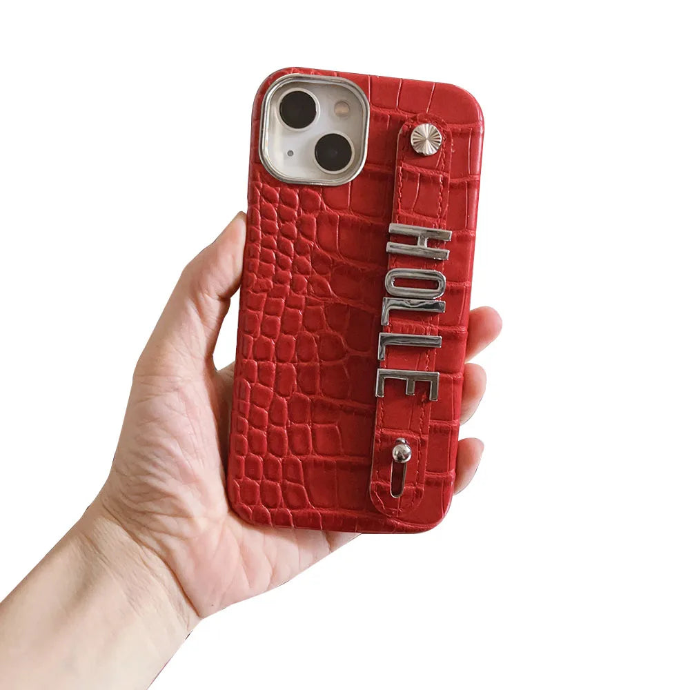 Luxury Custom Personalised Name Silver Metal Letter Charm Leather Phone Cases For Iphone 14 13 12 11 15 Pro Max 16 pro max Cover