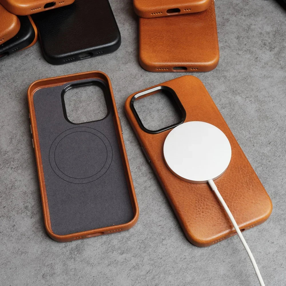 YMW Magnetic Genuine Leather Case for iPhone 16 Pro Max 15 14 Personality Cowhide Magnetic Phone Cover - Caseverse