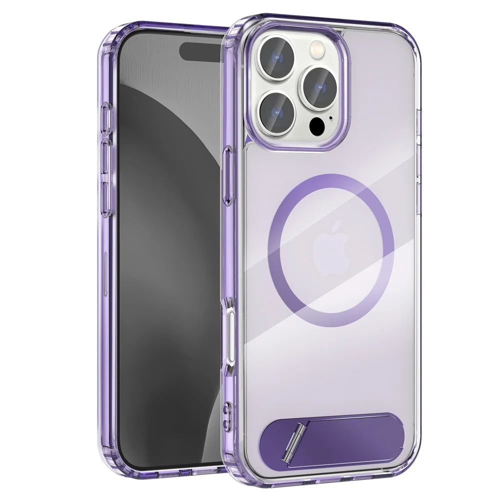Luxury Metal Stand Clear Magnetic Phone Case For iPhone 16 13 14 15 Pro Max Folding Invisible Bracket Shockproof Protector Cover