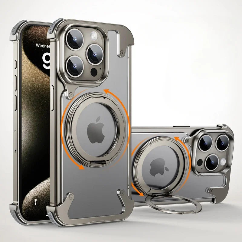For iPhone 15 Pro Max Case Aluminum Alloy Metal Magnetic Magsafe 360° Rotate Stand Rimless car Phone holder matte leather Cover