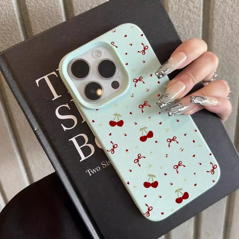For iPhone 16 15 14 13 12 11 Pro Max Case Cherry Bow Lichee Pattern Silicone Phone Cover For iPhone XS Max 14 15 16 Plus Fundas - Caseverse