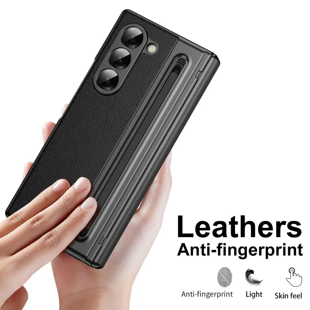 For Galaxy Fold6 S Pen Leather Phone Case Hinge Protection & Built-in Screen Protector Leather Phone Cover for Fold5 Fold4 Black - Caseverse