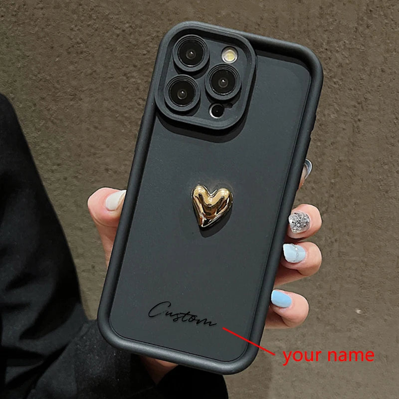 3D Gold Love Heart Personalized Custom Name Case For iPhone 16 15 14 13 12 11 Pro Max X XS XR 7 8 Plus Silicone Candy DIY Cover - Caseverse