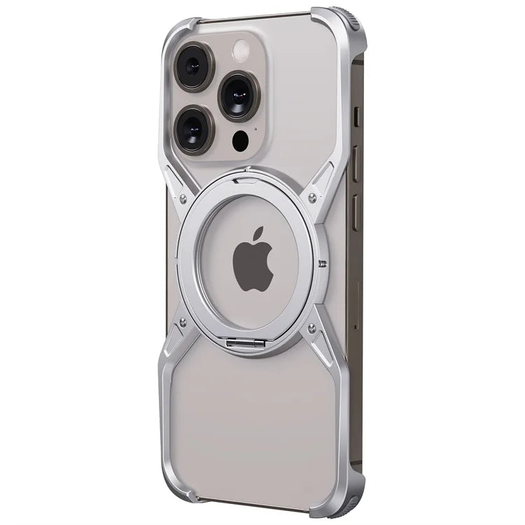 Metal Aluminium Alloy Magnetic Frameless Phone Case For iPhone 14 13 15 Pro Max 360° Stand Rimless Bumper Shockproof Metal Cover