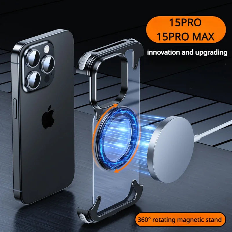 For iPhone 15 Pro Max Case Aluminum Alloy Metal Magnetic Magsafe 360° Rotate Stand Rimless car Phone holder matte leather Cover