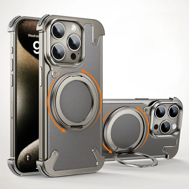 For iPhone 15 Pro Max Case Aluminum Alloy Metal Magnetic Magsafe 360° Rotate Stand Rimless car Phone holder matte leather Cover