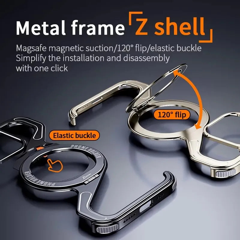 Shockproof Phone Case Z Shape Metal Frame for iPhone 16 Pro 15 14 13 Pro Max Plus Full Aluminium Alloy Magnetic Bracket Cases
