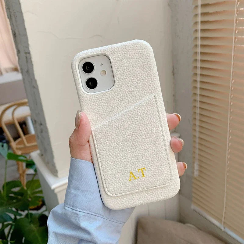 Personalized Phone Case with Card Holder Custom Initials Protective Cover iPhone16Promax 11 12 13 14 15Pro Max XS XR Mini - Caseverse