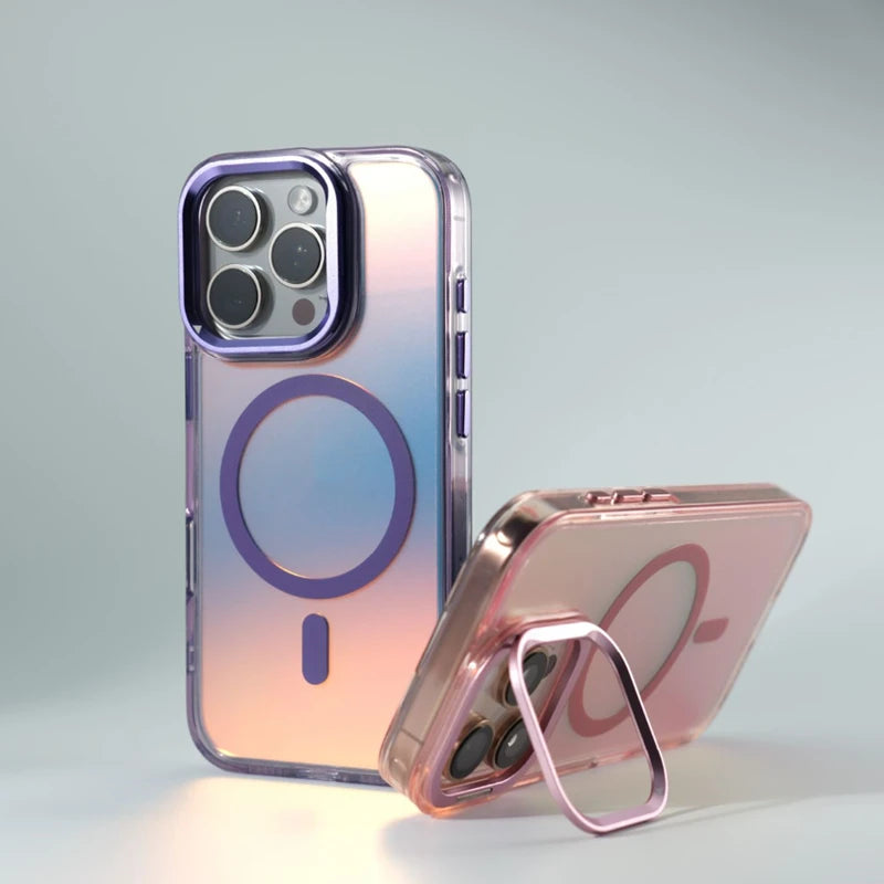 Metal Lens Kickstand Laser MagSafe Phone Case For iPhone 16 16pro max 14 15 Pro 13 12 Magnetic Wireless Charging Hard PC Cover