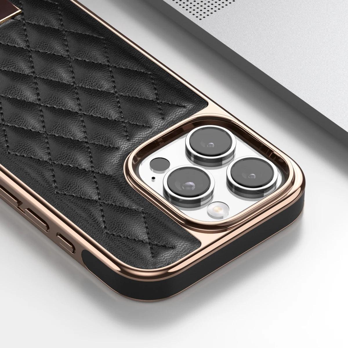 Women'S Faux Leather Phone Case with Argyle Embroidery - Elegant Metal Frame, Shock-Resistant Stylish Cover for Iphone 16 Pro Ma