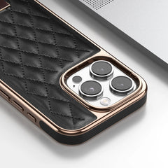 Women'S Faux Leather Phone Case with Argyle Embroidery - Elegant Metal Frame, Shock-Resistant Stylish Cover for Iphone 16 Pro Ma