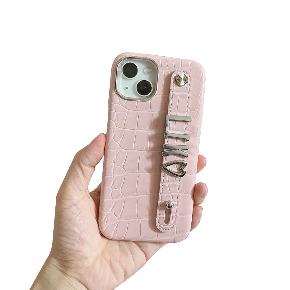Luxury Custom Personalised Name Silver Metal Letter Charm Leather Phone Cases For Iphone 14 13 12 11 15 Pro Max 16 pro max Cover