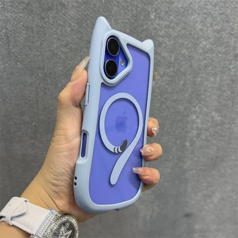 Cute Cat Ear Magsafe Case for iPhone 13 14 15 16 Pro Max 11 12 15 16 Plus Transparent PC TPU Armor Cover with Wrist Strap Chain - Caseverse