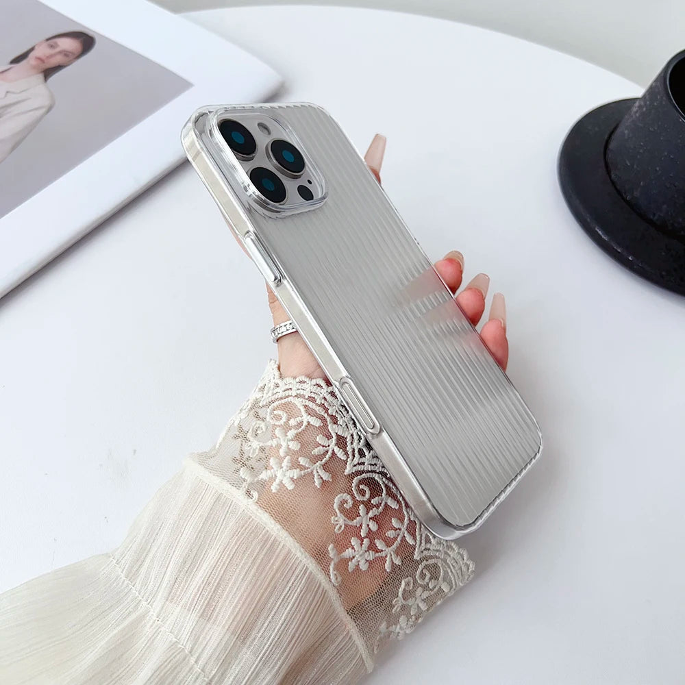 Metal Button Key Vertical Stripe Corrugated Clear Phone Case for IPhone 13 14 15 16 Pro Max Shockproof PC Protective Back Cover