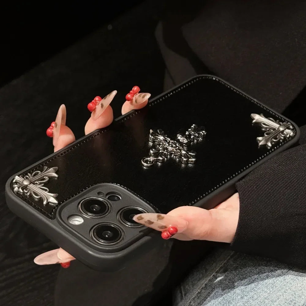 Leather Phone Case for IPhone 16 15 14 13 12 11 Pro Max Luxury Gothic High Grade Fashion Trends 3D Metal Cross Protection Cover